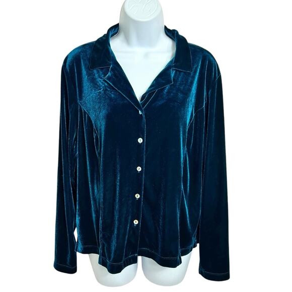 Vintage Worthington Teal Velour Button Front Blouse Sz 12 Large Top Long-Sleeve - Picture 5 of 5